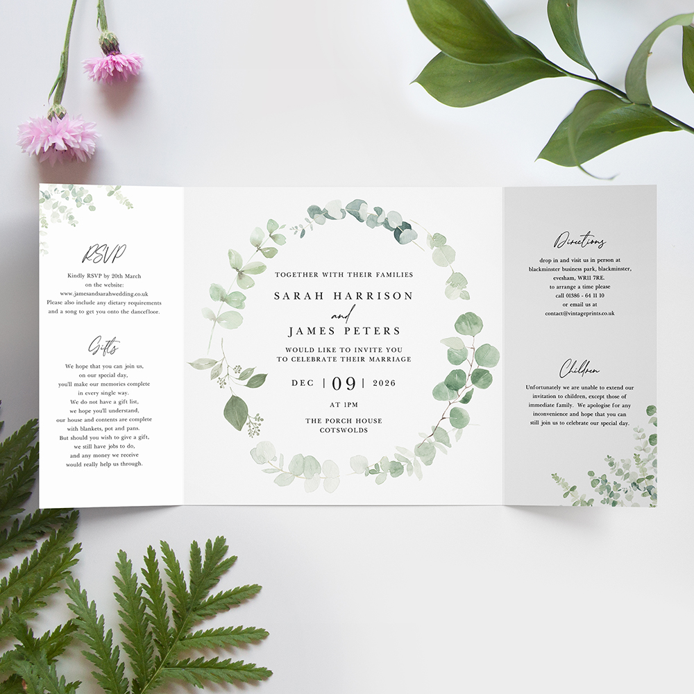 'Classic Eucalyptus' Printed Gatefold Wedding Invitation