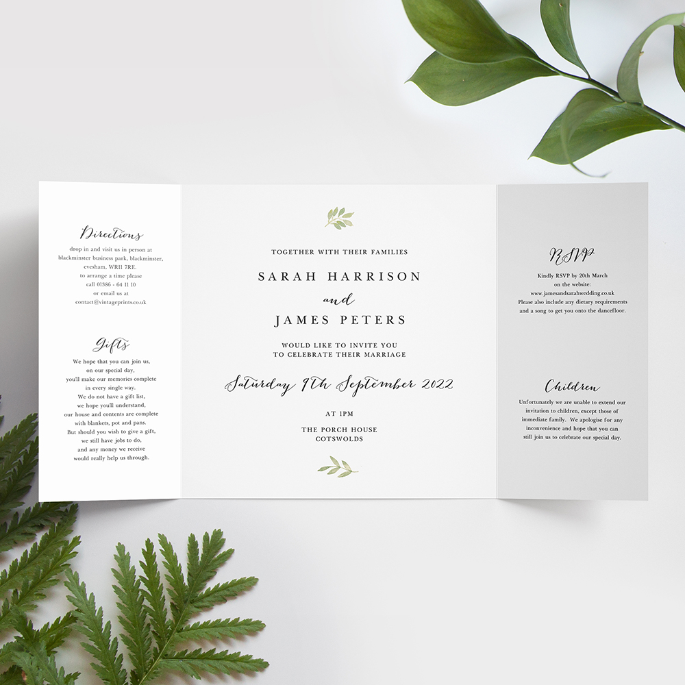 'Green Floral Watercolour' Printed Gatefold Wedding Invitation Sample