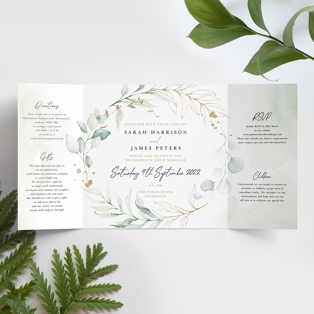 'Green & Gold Eucalyptus' Printed Gatefold Wedding Invitation Sample