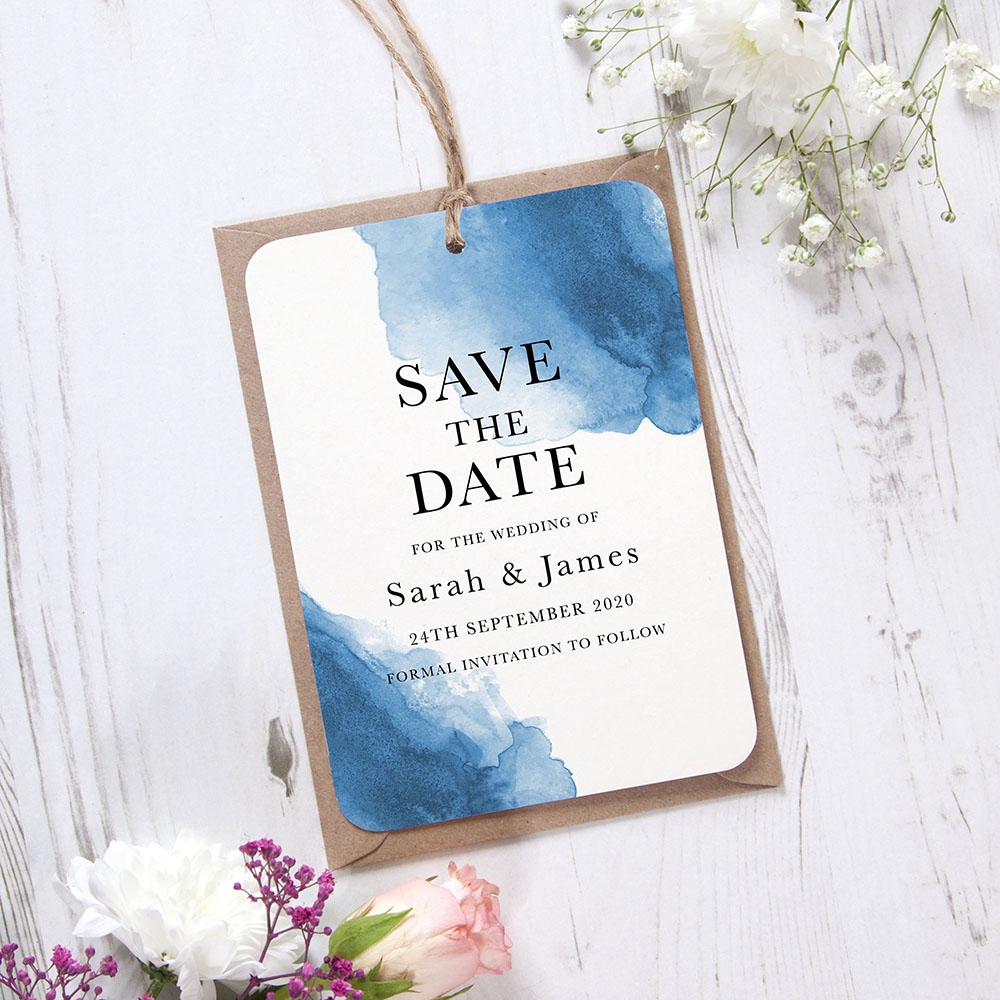 'Blue Watercolour Splash' Hole-punched Save the Date Sample