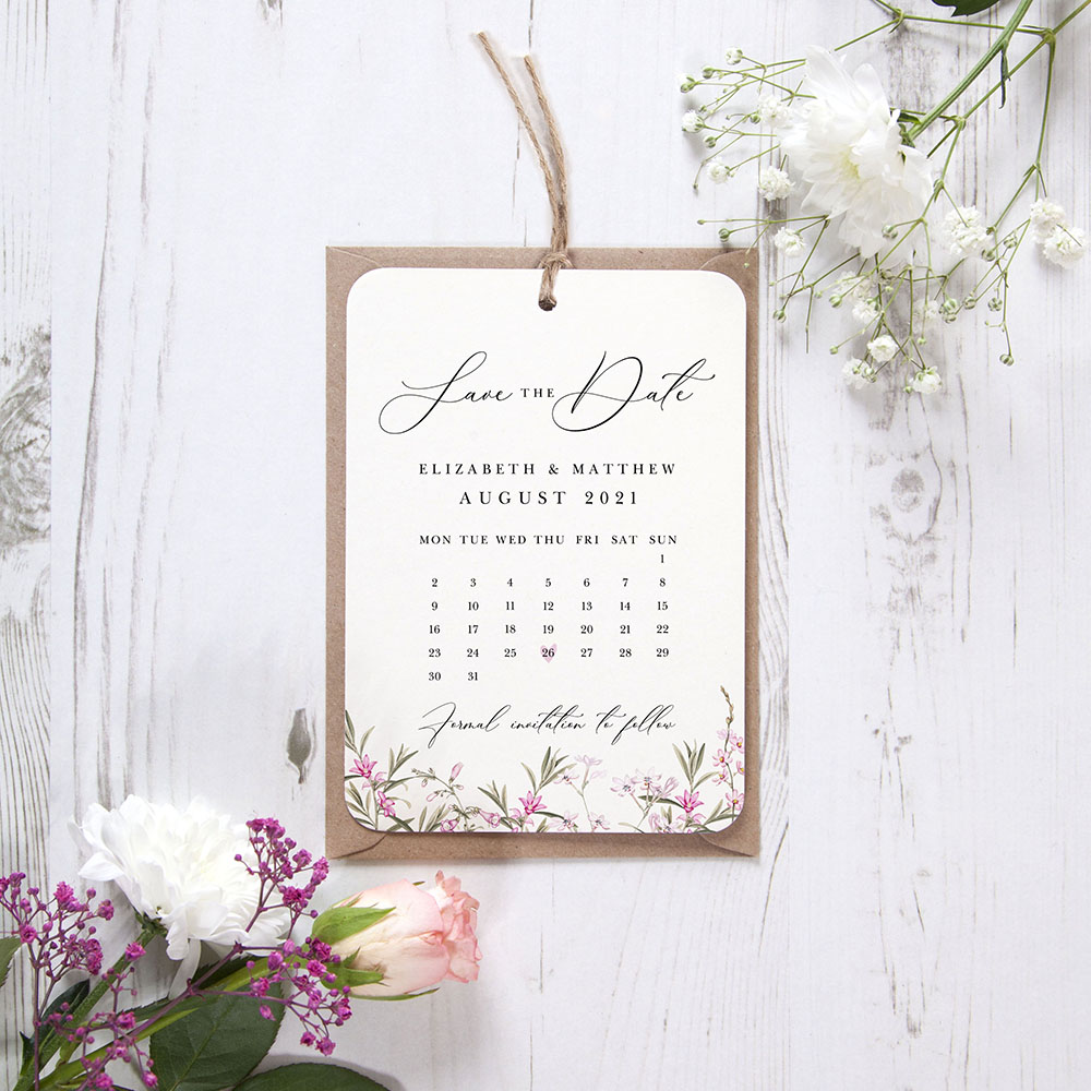 'Pink Botanical PB14' Hole-punched Save the Date Sample