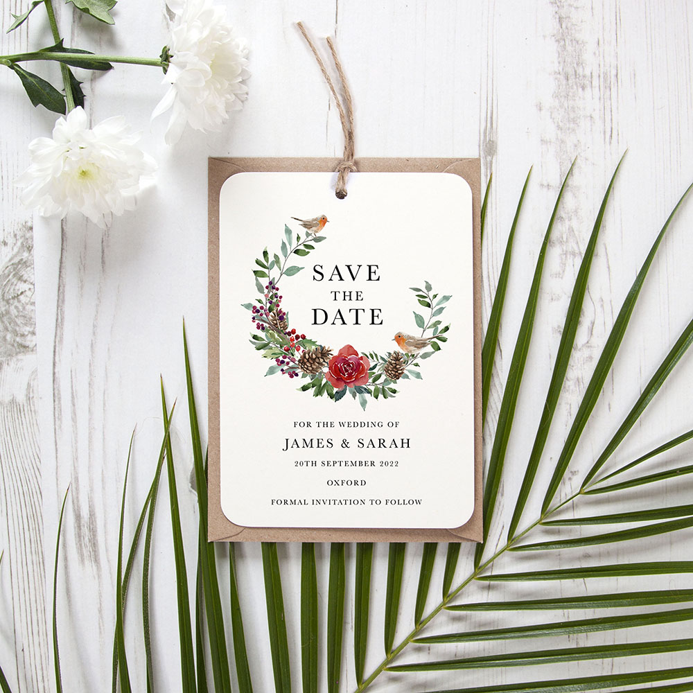 'Christmas Holly' Hole-punched Save the Date Sample