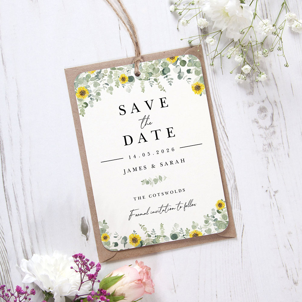 'Classic Eucalyptus Sunflower CE19' Hole-punched Save the Date Sample