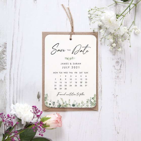 'Classic Eucalyptus Calendar CE12' Hole-punched Save the Date Sample