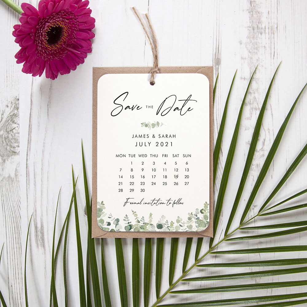 'Classic Eucalyptus Calendar CE12' Tag Save the Date Sample