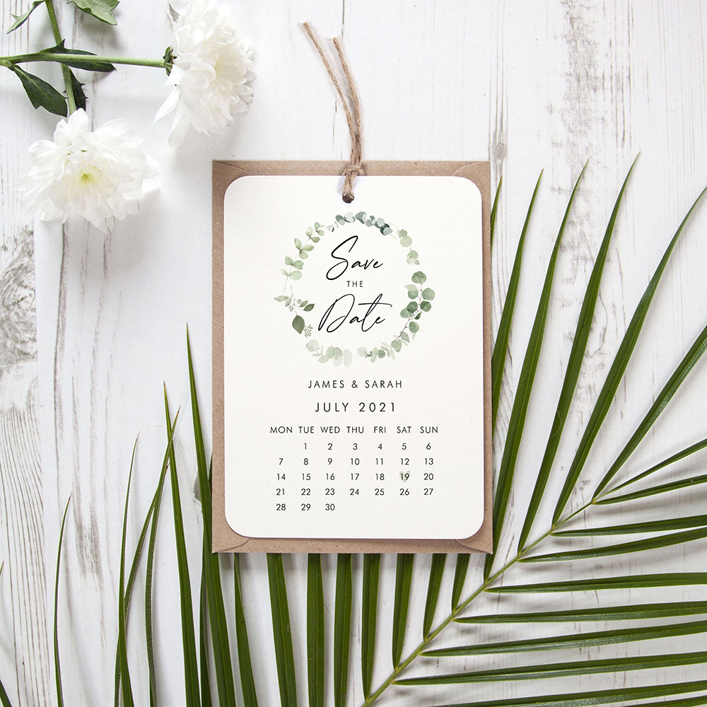 'Classic Eucalyptus Calendar CE13' Hole-punched Save the Date Sample