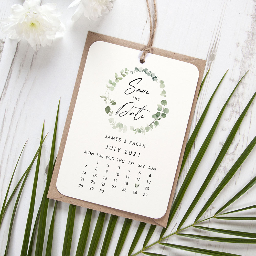 'Classic Eucalyptus Calendar CE13' Hole-punched Save the Date Sample