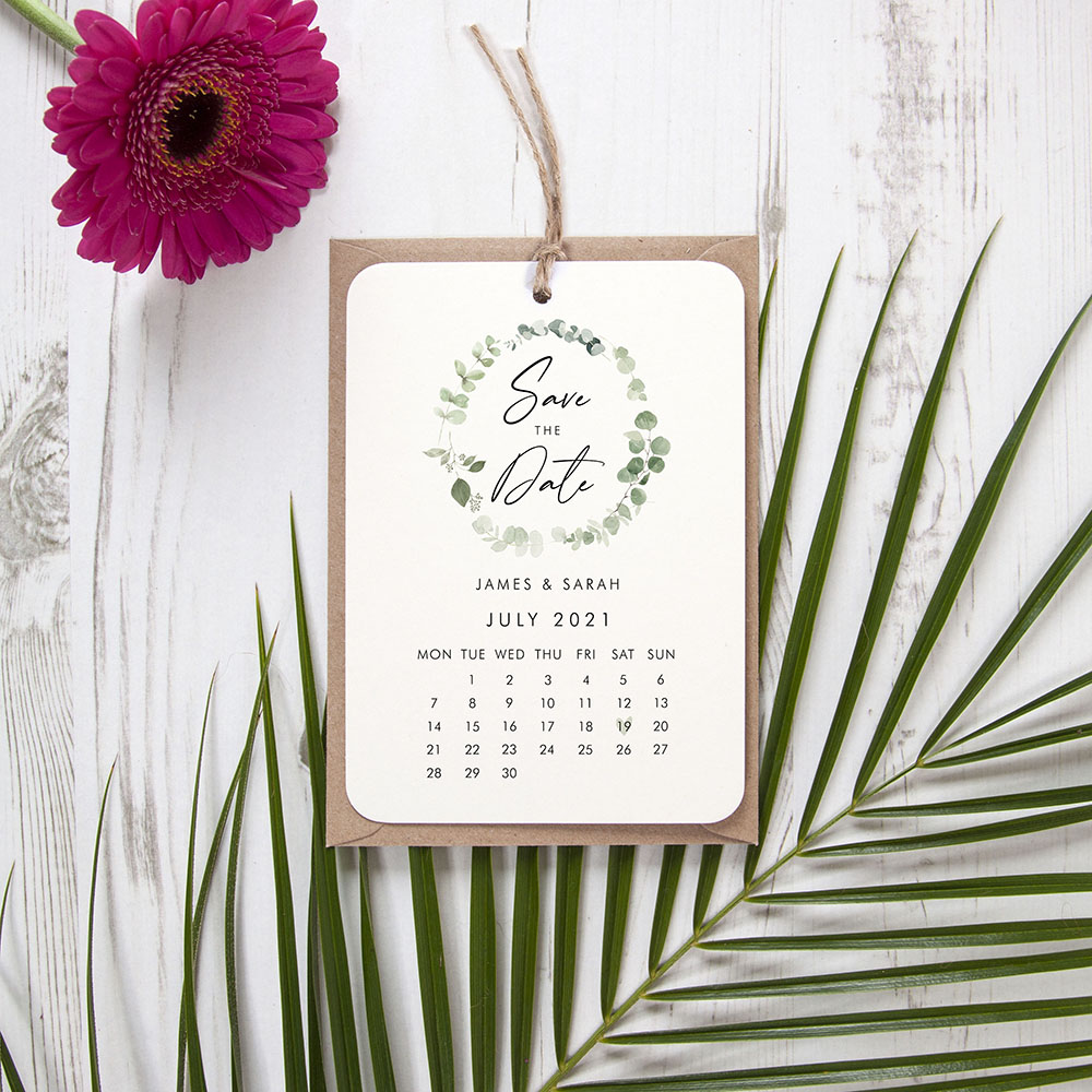 'Classic Eucalyptus Calendar CE13' Tag Save the Date Sample