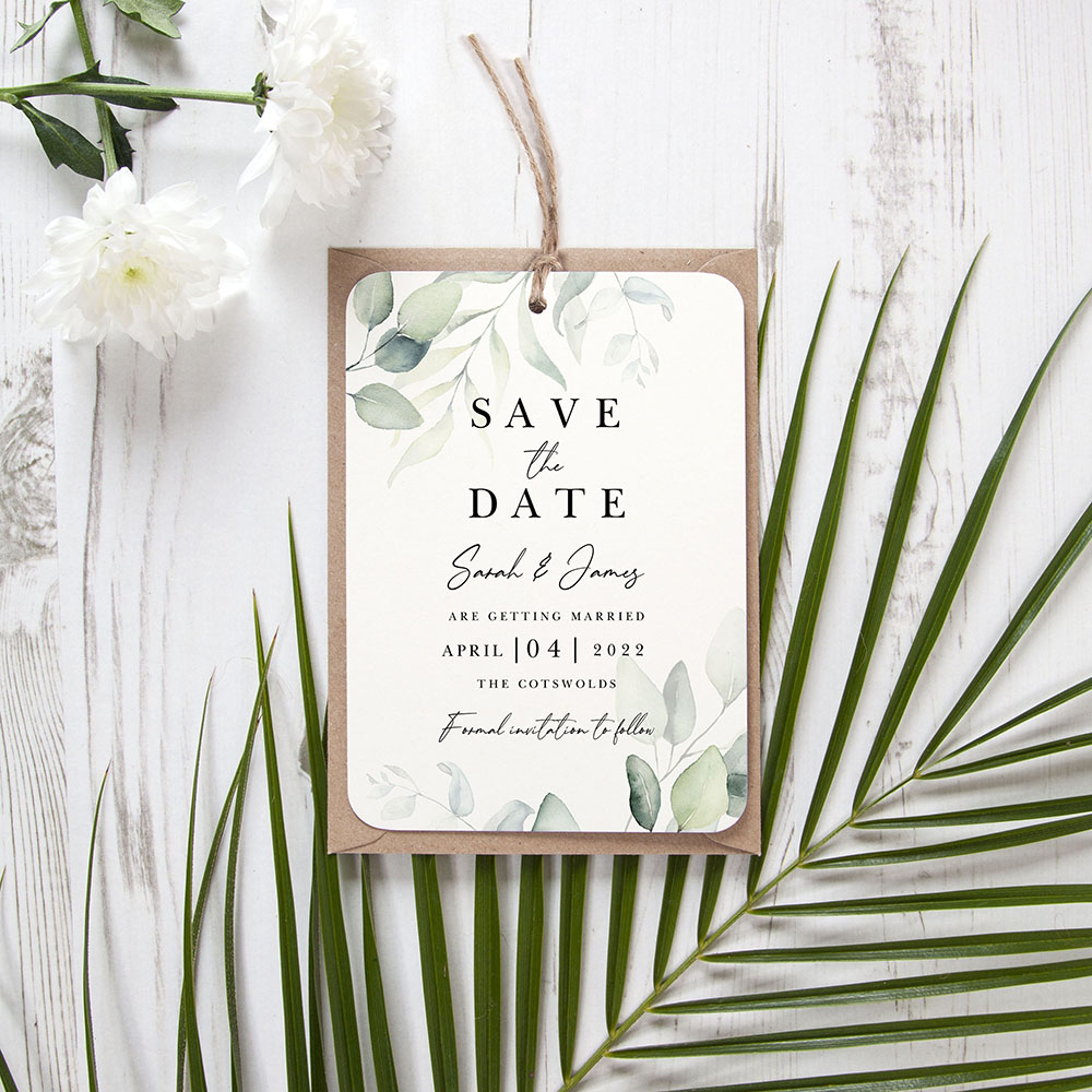 'Dreamy Eucalyptus DE10' Hole-punched Save the Date Sample