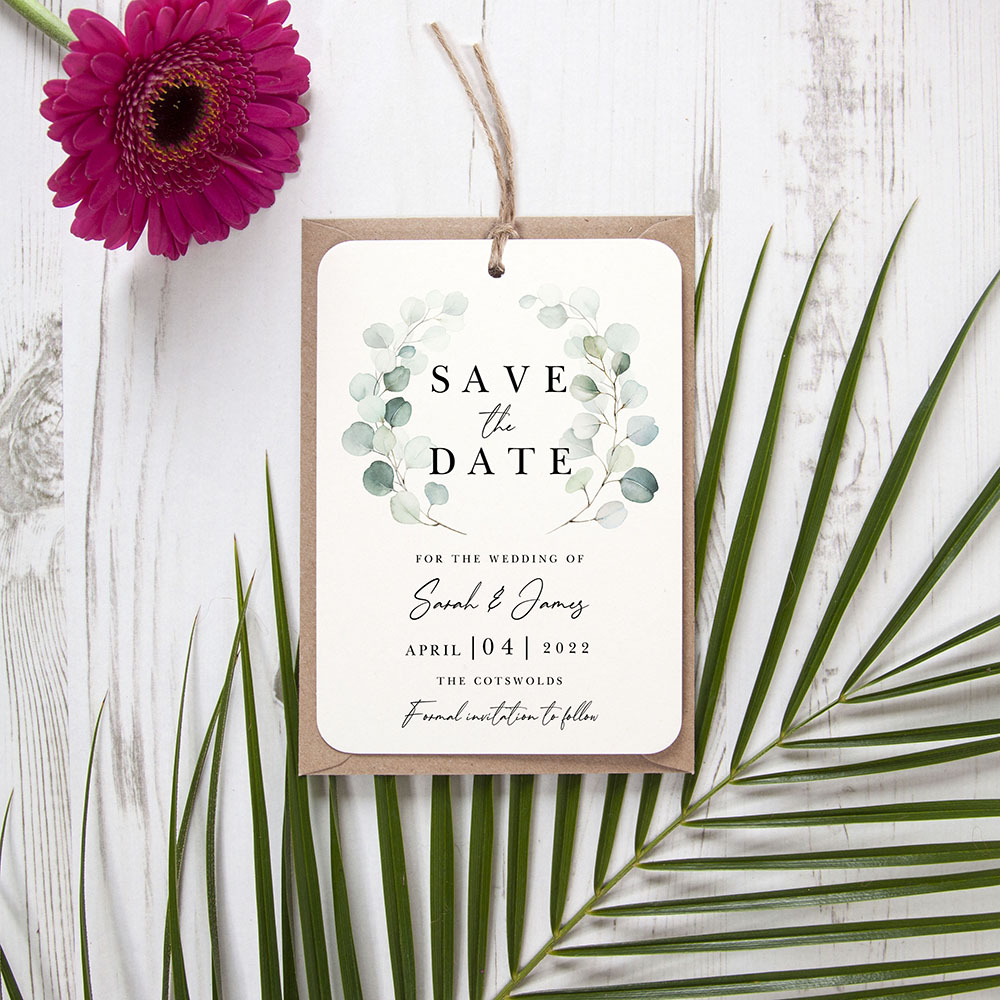 'Dreamy Eucalyptus DE12' Hole-punched Save the Date Sample