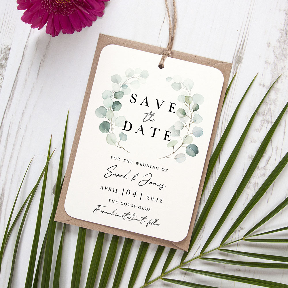 'Dreamy Eucalyptus DE12' Hole-punched Save the Date Sample