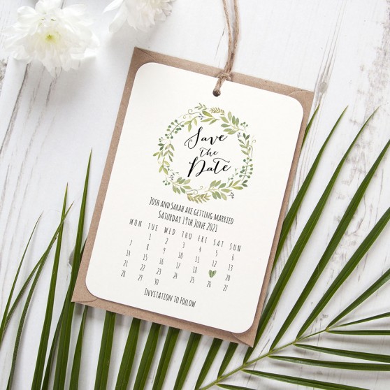 'Green Floral Calendar GF13' Tag Save the Date Sample