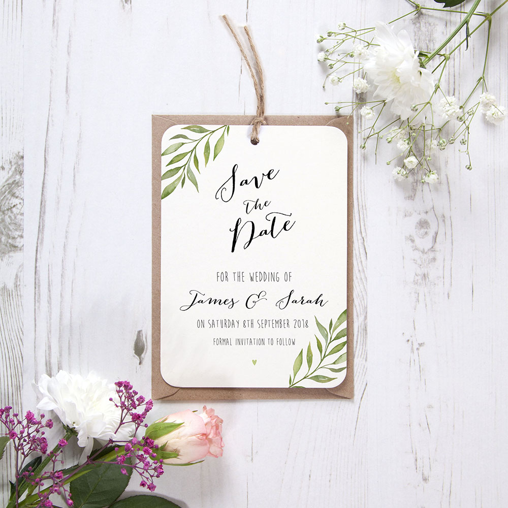 'Green Leaf' Hole-punched Save the Date Sample