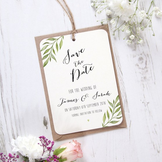 'Green Leaf' Tag Save the Date Sample
