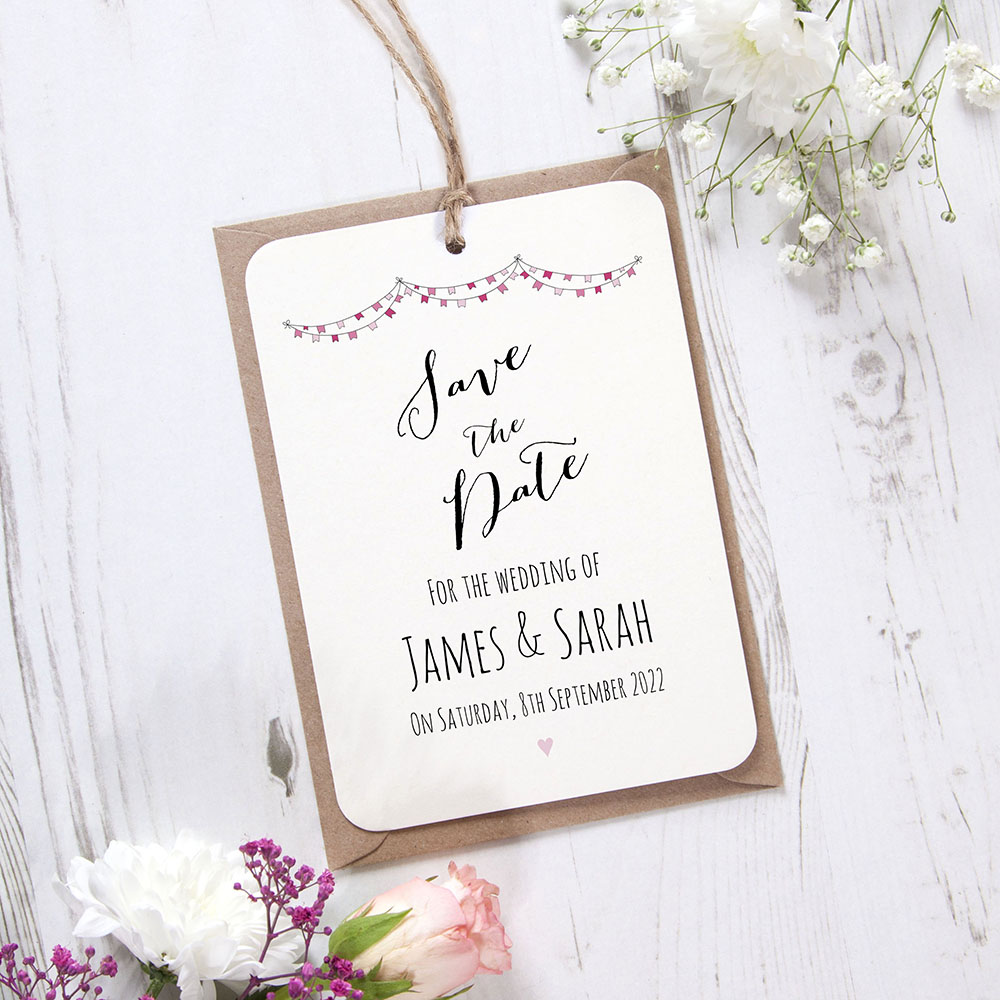'Pink Flag Bunting' Save the Date Tag