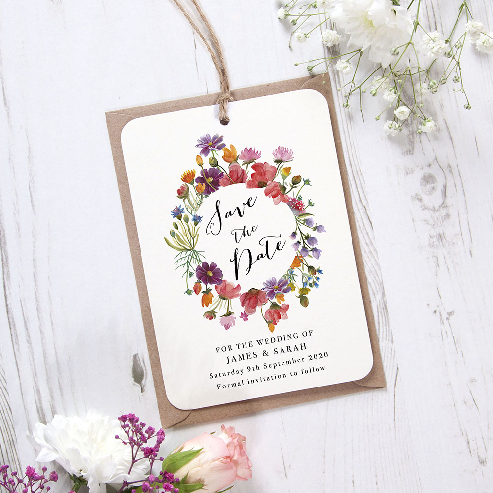 'Wild Floral Wreath' Hole-punched Save the Date Sample