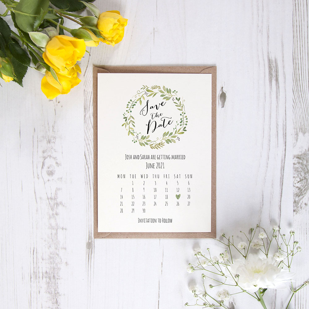 'Green Floral Calendar GF12' Save the Date Sample