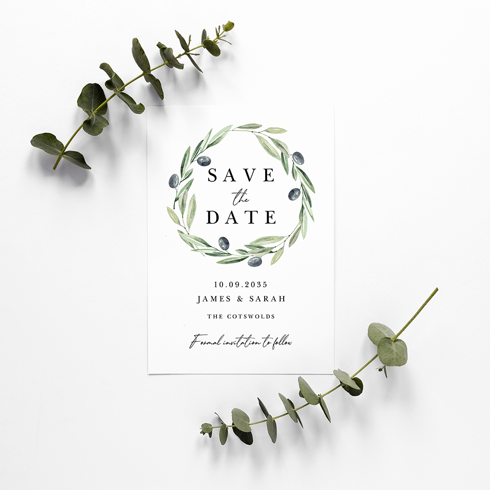 'Olive Leaves OL102' Save the Date Sample