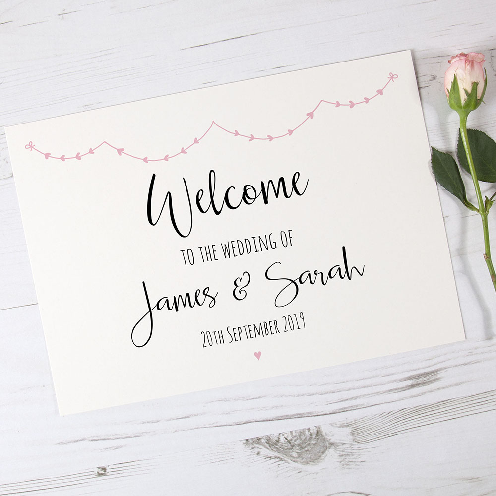'Pink Heart Bunting' Welcome Sign - A5/A4/A3