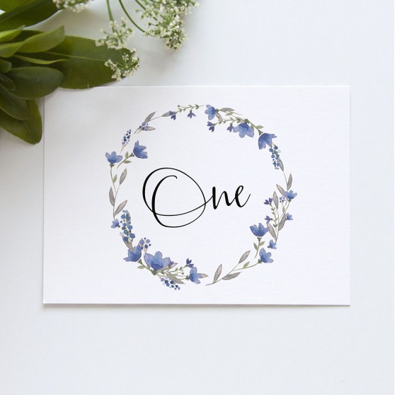 'Blue Floral Watercolour' Table Name/Number