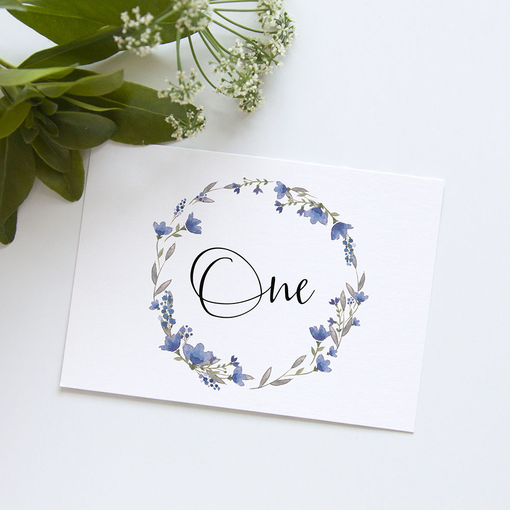 'Blue Floral Watercolour' Table Name/Number