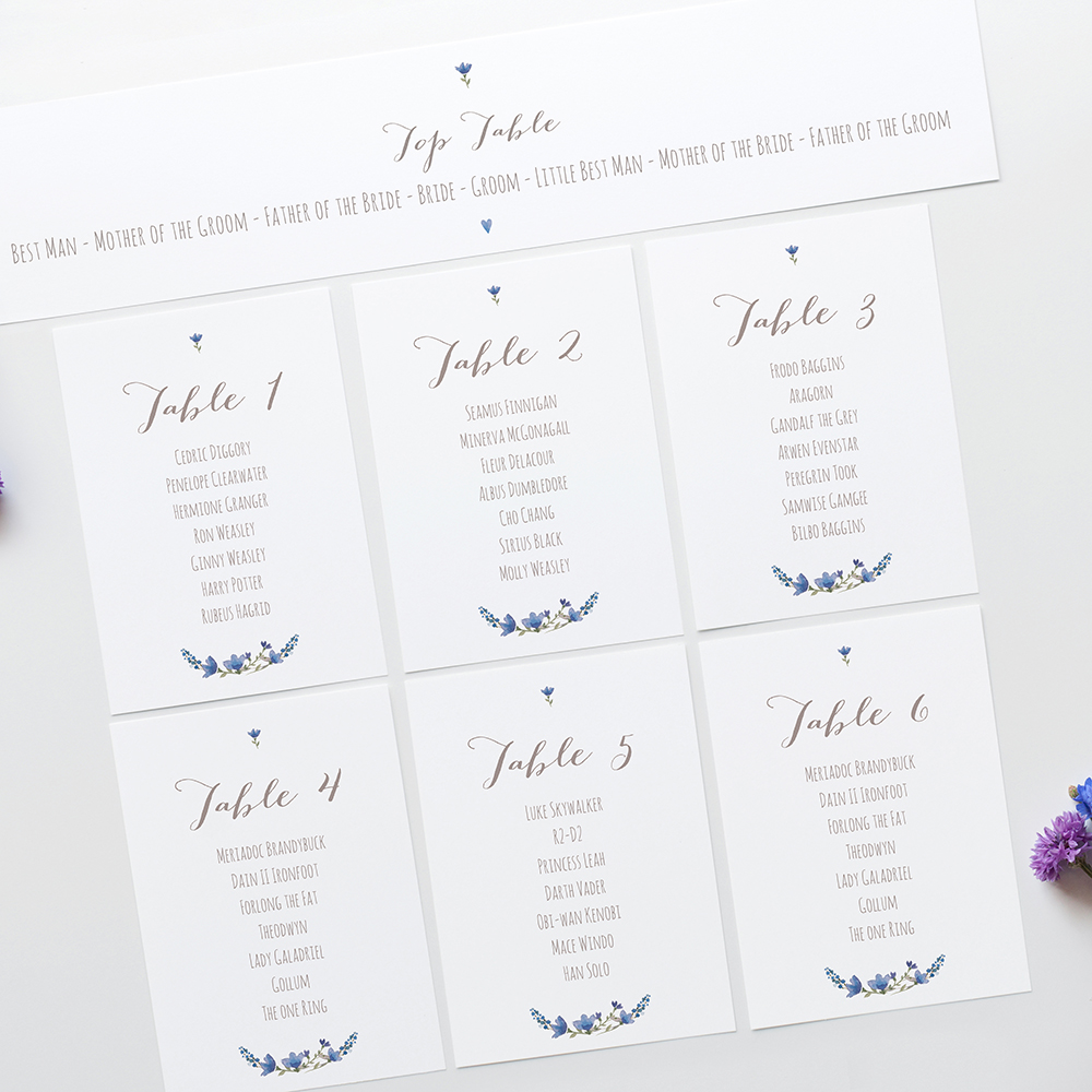 'Blue Floral Watercolour' Table Plan Cards