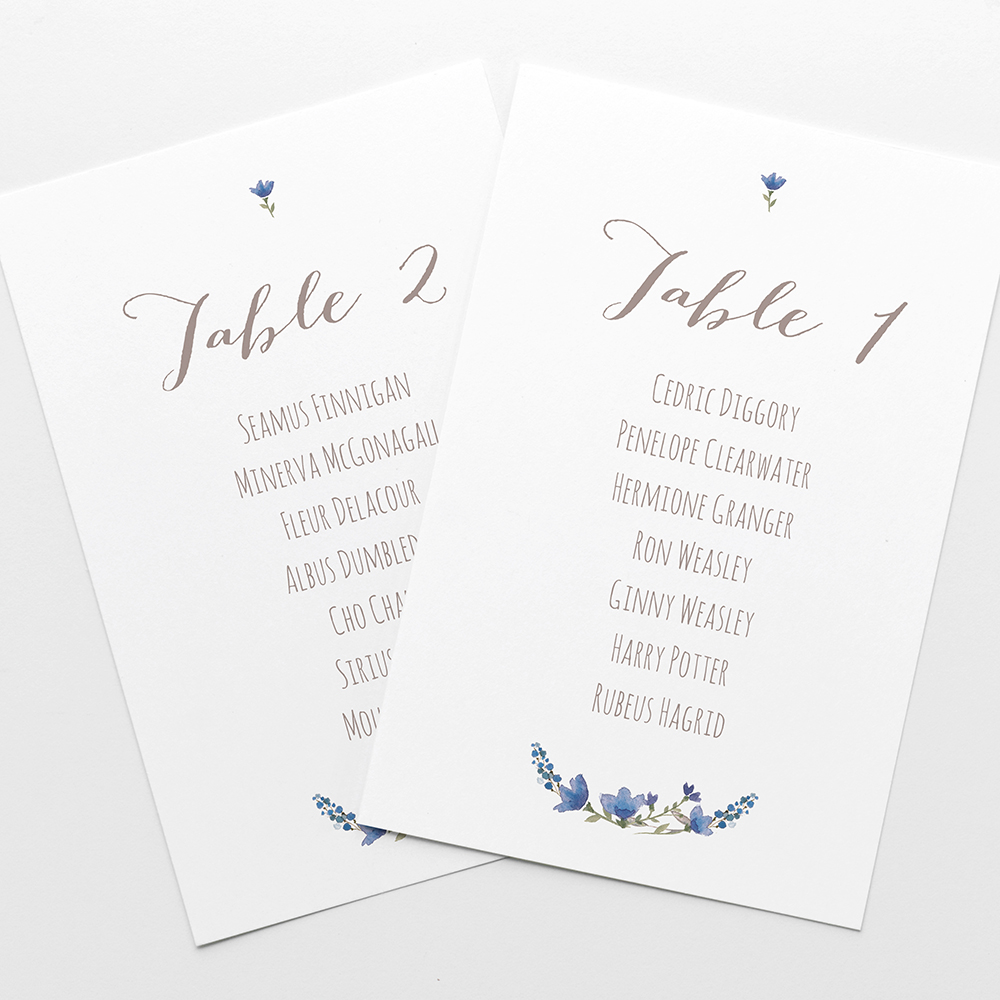 'Blue Floral Watercolour' Table Plan Card Sample