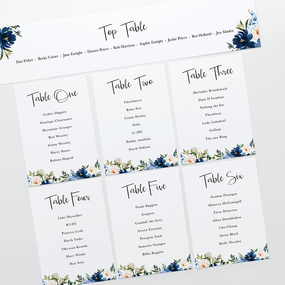 'Blue Velvet' Table Plan Card Sample