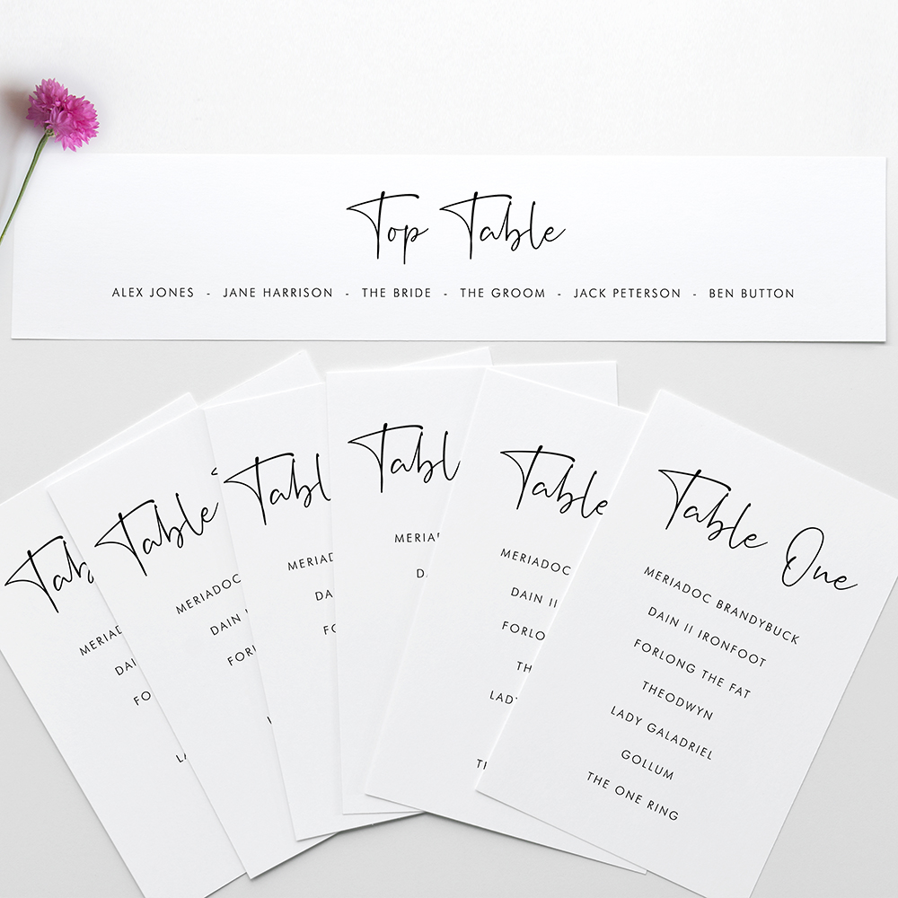 'Calligraphy 5' Table Plan Card Sample