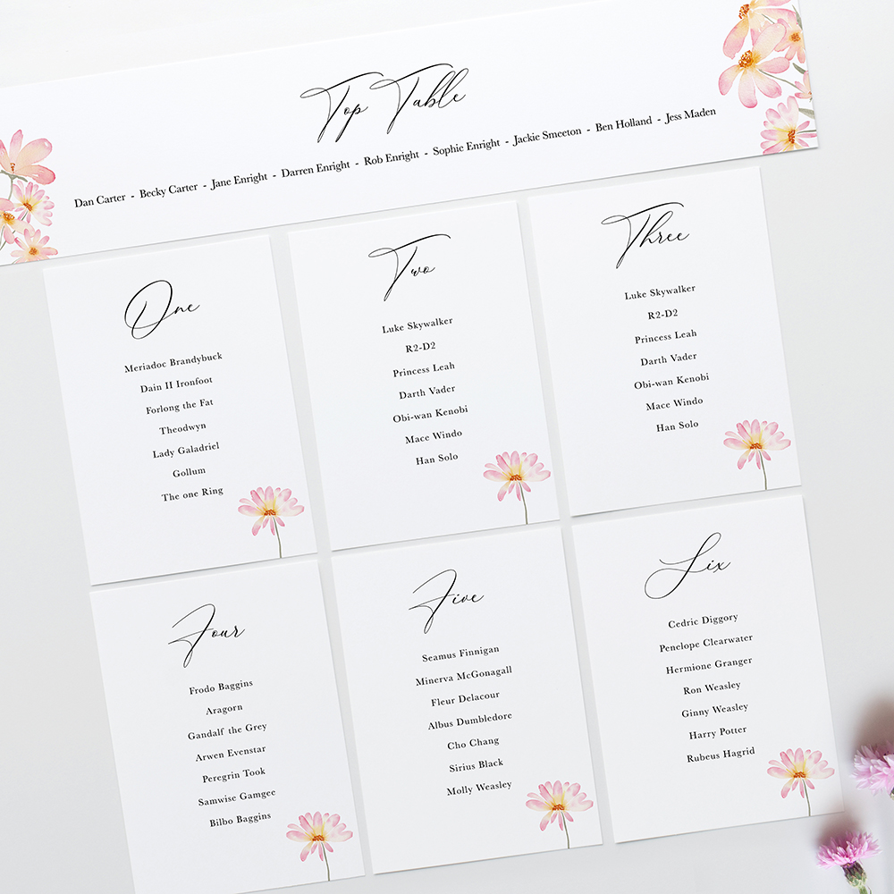 'Daisy Pink' Table Plan Cards