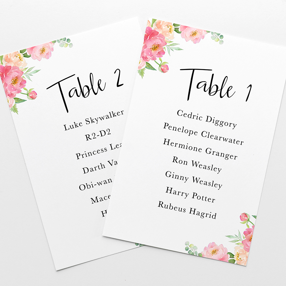 'Peony' Table Plan Card Sample