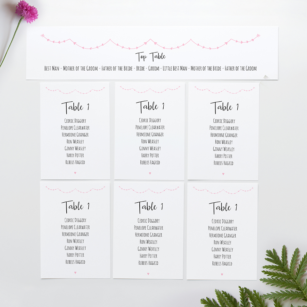 'Pink Heart Bunting' Table Plan Card Sample