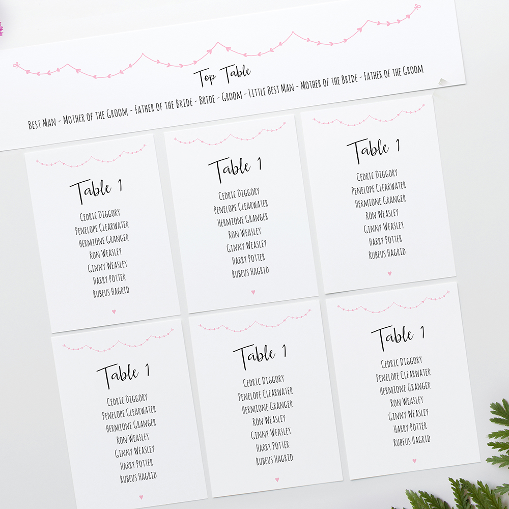 'Pink Heart Bunting' Table Plan Card Sample