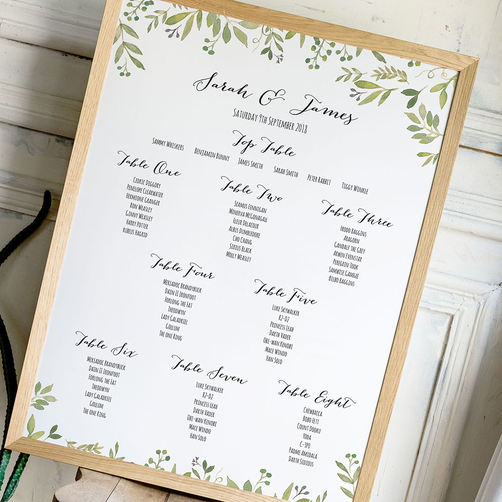 'Green Floral Watercolour' A3 Table Plan