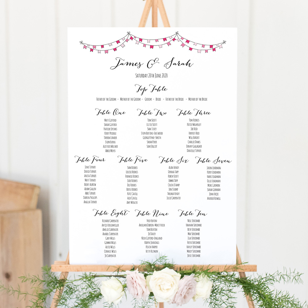 'Pink Flag Bunting' A3 Table Plan