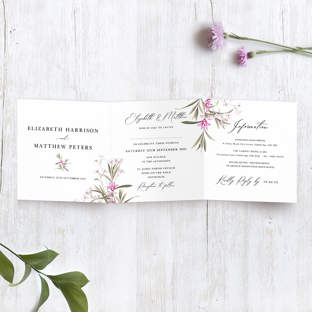 'Pink Botanical' Tri Fold Wedding Invitation Sample