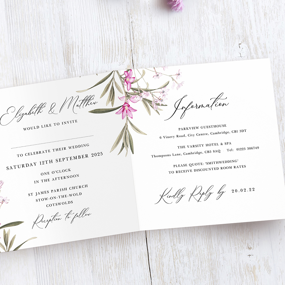 'Pink Botanical' Tri Fold Wedding Invitation Sample