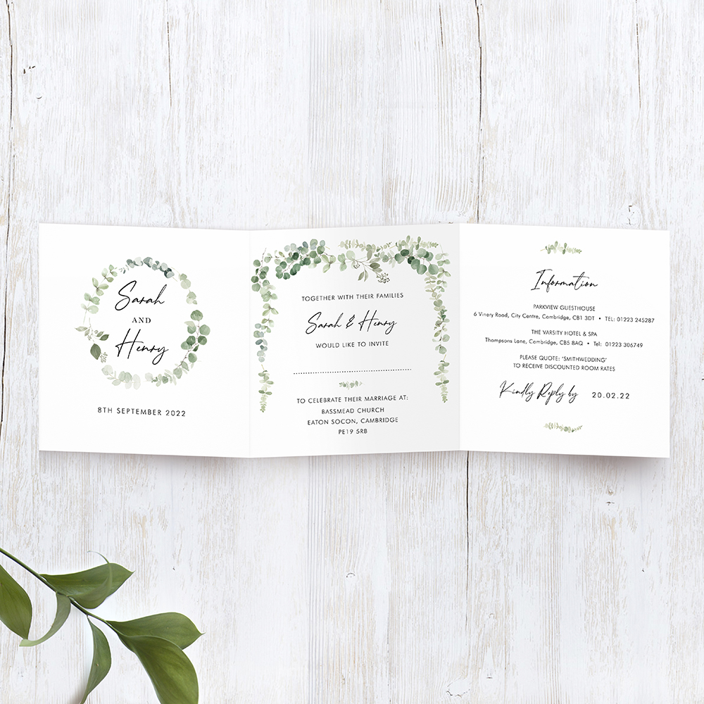 'Classic Eucalyptus' Tri Fold Wedding Invitation Sample
