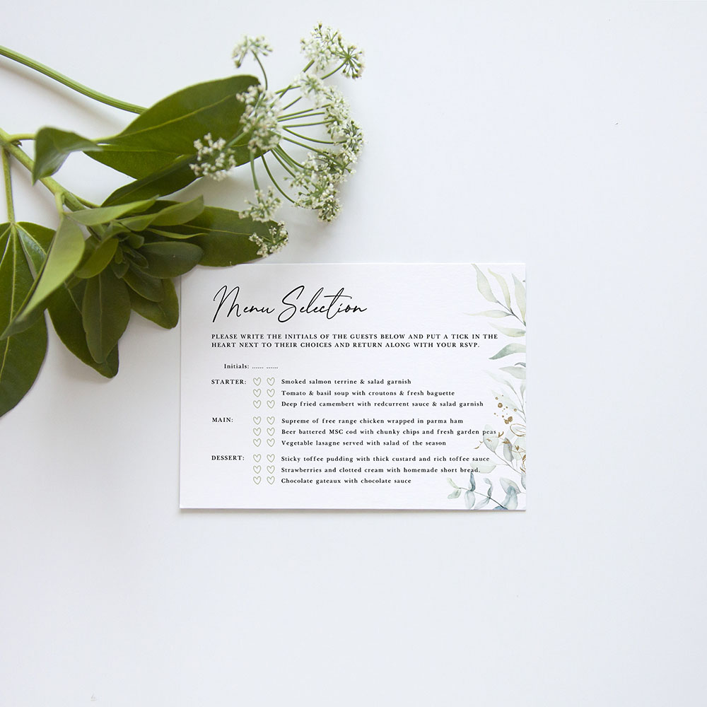 'Green & Gold Eucalyptus' Tri Fold Wedding Invitation