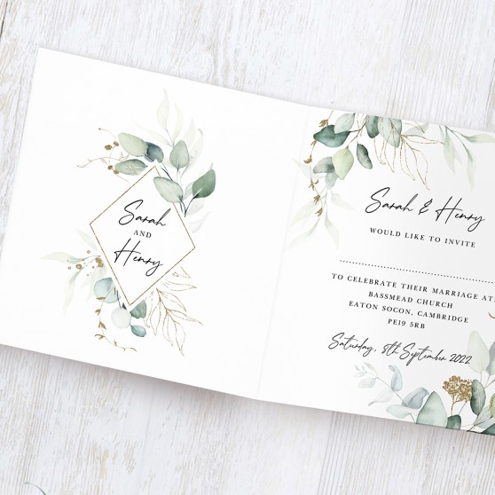 'Green & Gold Eucalyptus' Tri Fold Wedding Invitation Sample